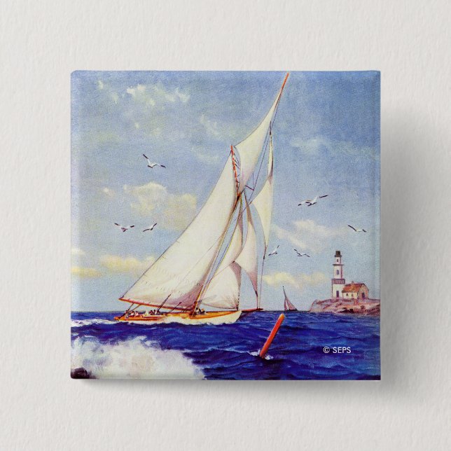 Sailing By The Lighthouse by Albert B. Marks 2 Inch Square Button (Front)