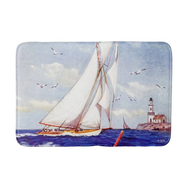 Sailing By The Lighthouse by Albert B. Marks Bath Mat (Front)
