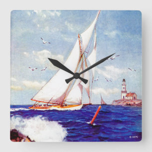 Sailing By The Lighthouse by Albert B. Marks Square Wall Clock
