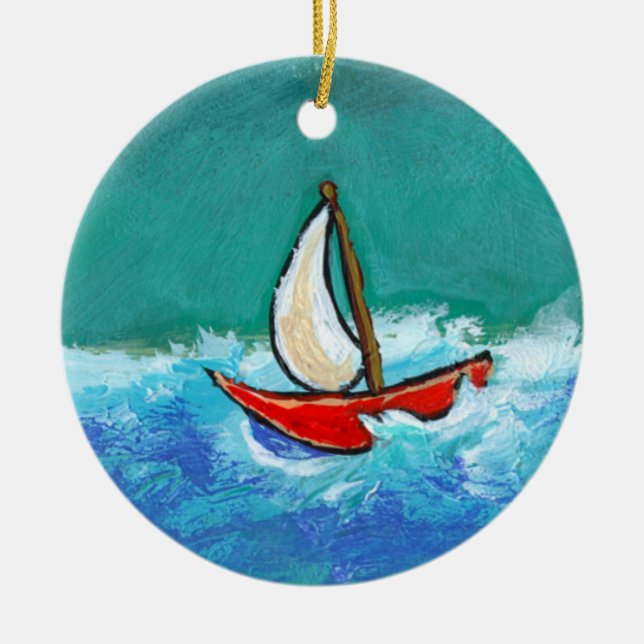 Sailing fun original boat painting colourful art ceramic ornament (Front)