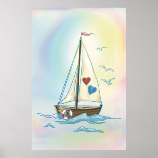 Sailing Hearts – Minimalist Boat with Love Sails Poster