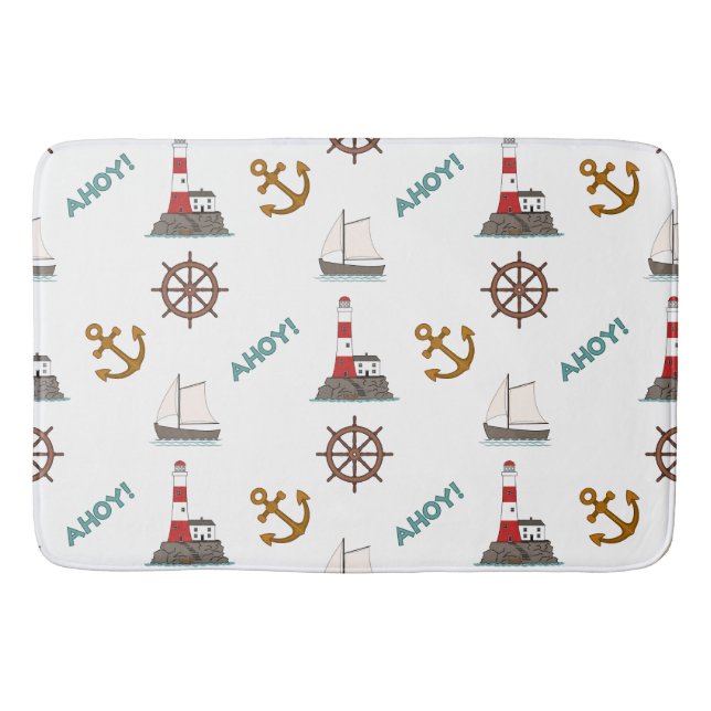 Sailing Illustrative Big Pattern Colour+White Bath Mat (Front)