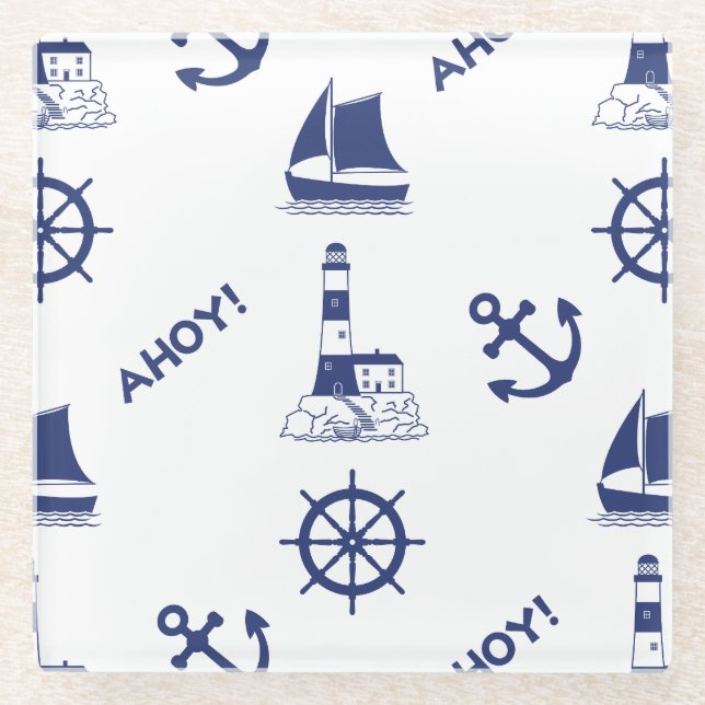 Sailing Illustrative Big Pattern Navy Blue Glass Coaster (Front)