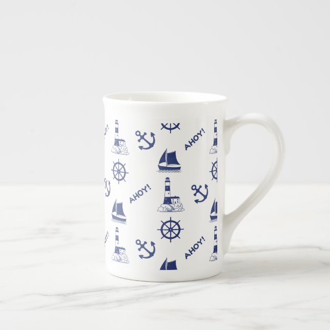 Sailing Illustrative Pattern Navy Blue+White Bone China Mug (Right)