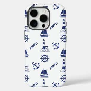 Sailing Illustrative Pattern Navy Blue+White iPhone 16 Pro Case