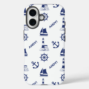Sailing Illustrative Pattern Navy Blue+White iPhone 16 Case