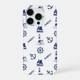 Sailing Illustrative Pattern Navy Blue+White iPhone 16 Pro Case