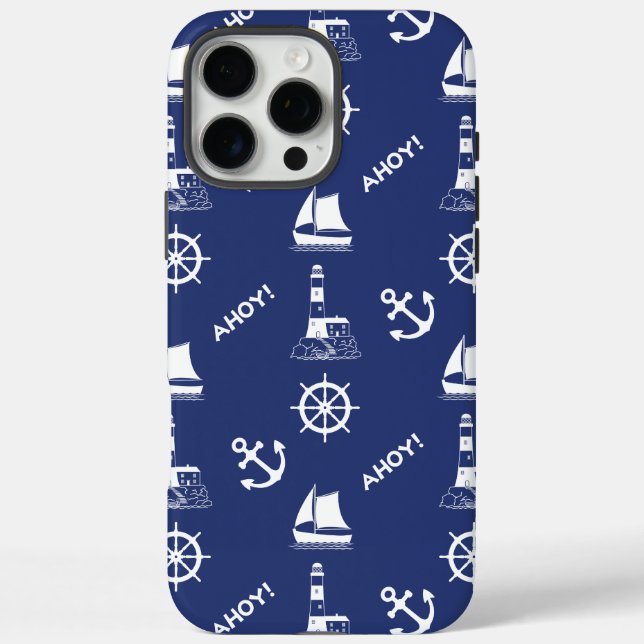 Sailing Illustrative Pattern White+Navy Blue Case-Mate iPhone Case (Back)