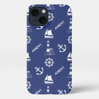 Sailing Illustrative Pattern White+Navy Blue