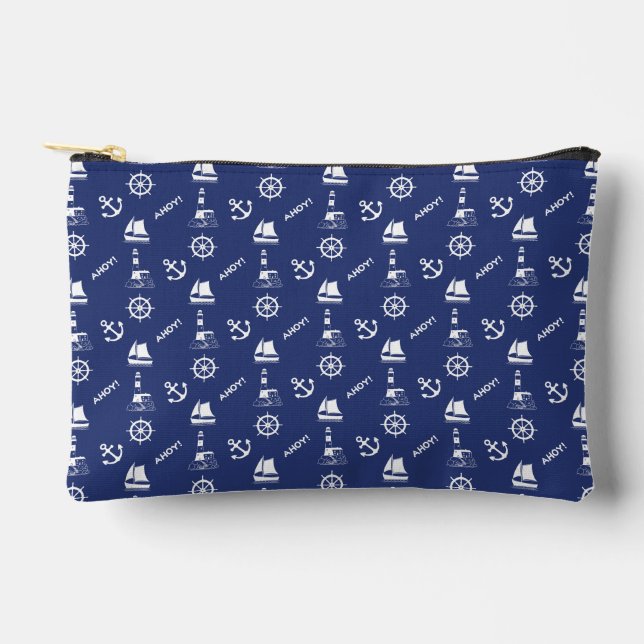 Sailing Illustrative Sml Ptn White+Navy Blue Accessory Pouch (Front)