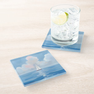 Sailing in Blue Coastal Sailboat Ocean Painting Glass Coaster