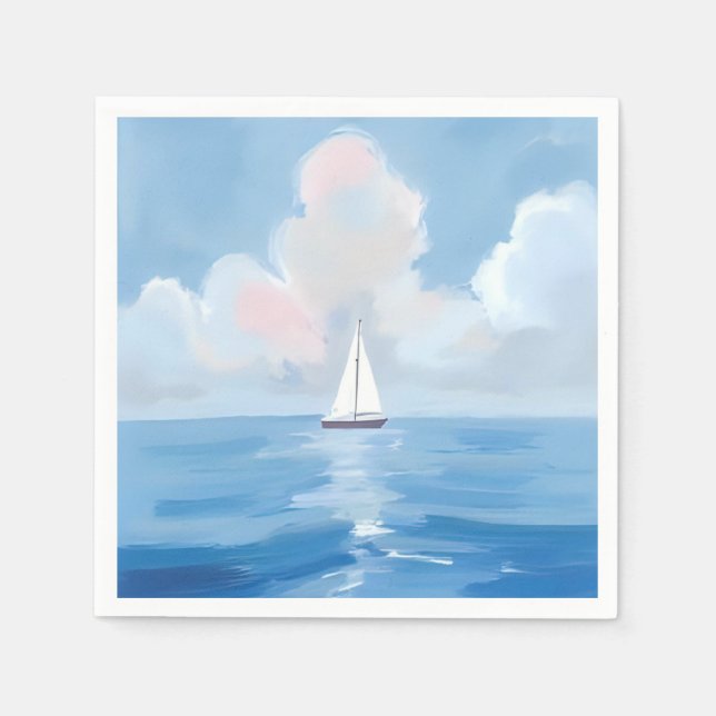Sailing in Blue | Coastal Sailboat Ocean Painting Napkin (Front)