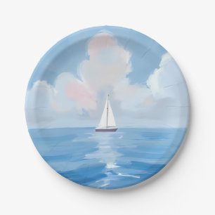 Sailing in Blue   Coastal Sailboat Ocean Painting Paper Plate