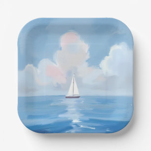 Sailing in Blue   Coastal Sailboat Ocean Painting Paper Plate