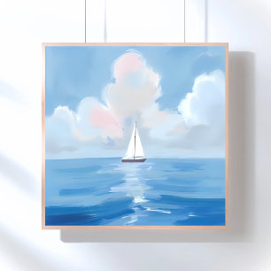 Sailing in Blue Coastal Sailboat Ocean Painting Poster