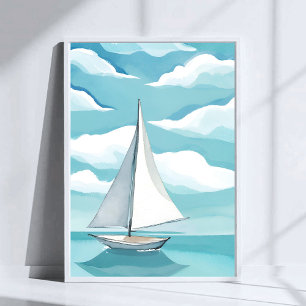Sailing in Blue Watercolor Aqua Ocean Waves Poster