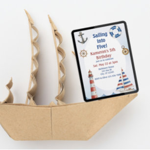 Sailing into Five, Watercolor 5th Birthday Invitation
