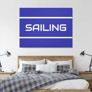 SAILING Modern White Text Stripes On Deep Blue Canvas Print