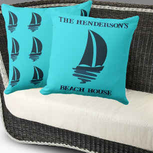 Sailing Navy Blue Boat Family Name Beach House Throw Pillow