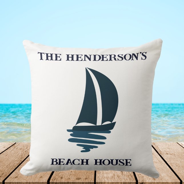 Sailing Navy Blue Yacht Family Name Beach House Throw Pillow (Creator Uploaded)