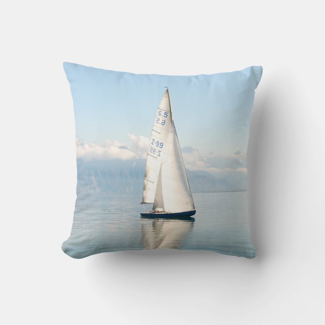 Sailing on a Calm Mirror-like Sea Bay Throw Pillow (Front)