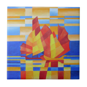 Sailing on the Seven Seas So Blue Cubist Abstract Tile