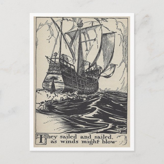Sailing Pirate Ship Vintage Book Illustration Postcard (Front)