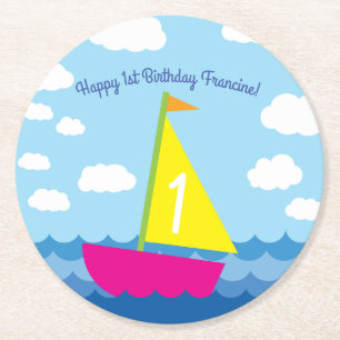 Sailing Sail Boat Cute Boy Kid's Birthday Party Round Paper Coaster