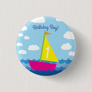 Sailing Sail Boat Cute Kids 1st Birthday Party 1 Inch Round Button