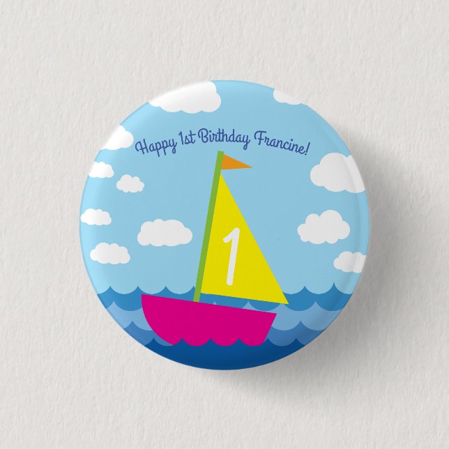 Sailing Sail Boat Cute Spring 1st Birthday Party 1 Inch Round Button (Front)