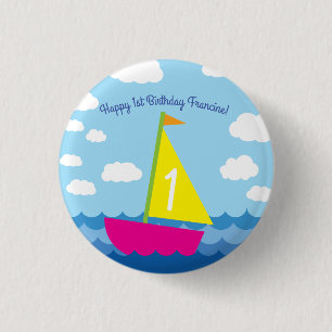 Sailing Sail Boat Cute Spring 1st Birthday Party 1 Inch Round Button