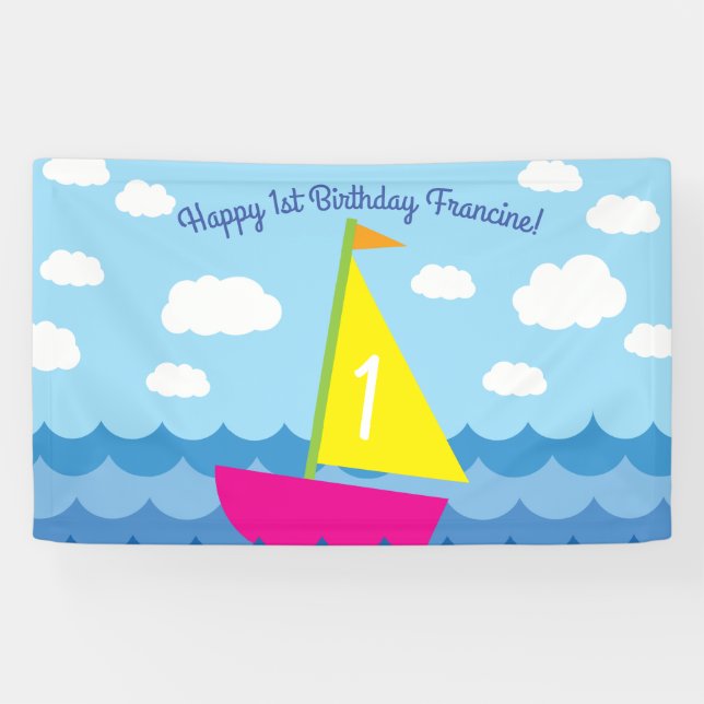 Sailing Sail Boat Cute Spring 1st Birthday Party Banner (Horizontal)