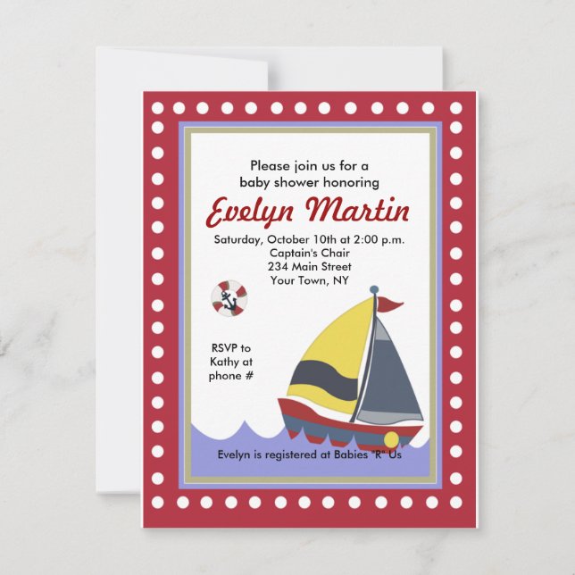 Sailing Sail boat Nautical Baby Shower Invitations (Front)