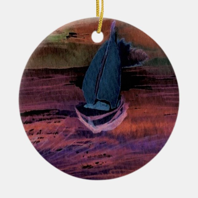 Sailing Sailboat Art Night Sailing a Quick Breeze Ceramic Ornament (Front)
