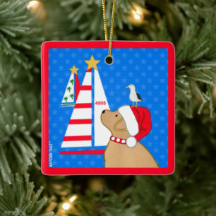 Sailing Santa Yellow Dog and Bird Friend Christmas Ceramic Ornament