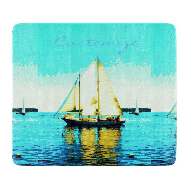 sailing schooner glass blue cutting board (Front)