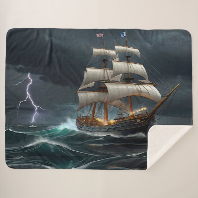 Sailing Ship and Lightning Art Sherpa Blanket (Front (Horizontal))