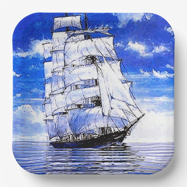 SAILING SHIP IN BLUE WATERS PAPER PLATE (Front)