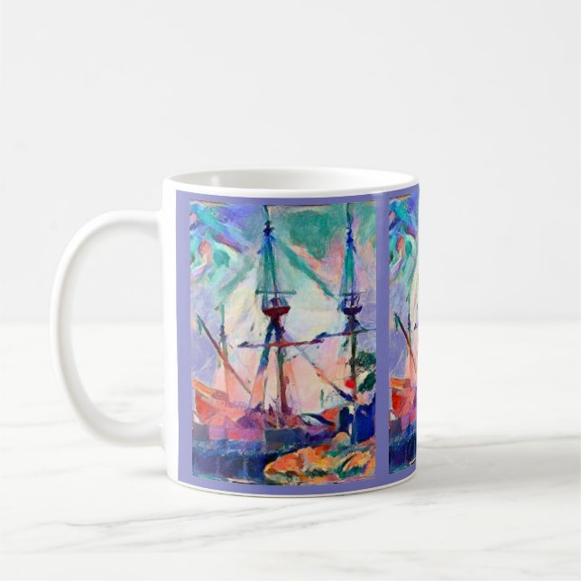 sailing ship in port whimsical fun  coffee mug (Left)