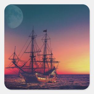 Sailing Ship into the Sunset Square Sticker