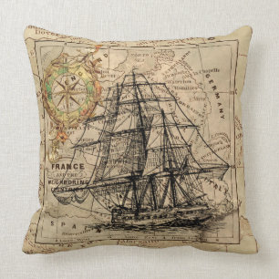 Sailing Ship Map Compass Design Throw Pillow
