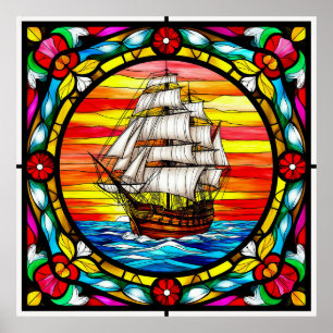 Sailing Ship on Open Sea at Sunset Poster