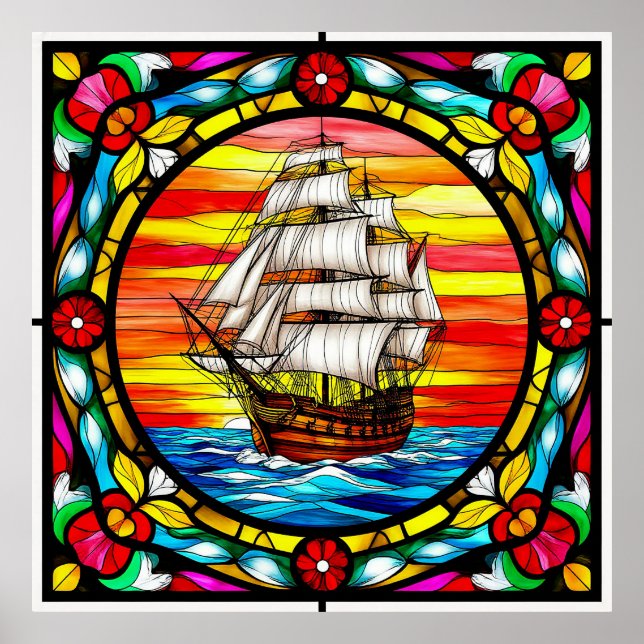 Sailing Ship on Open Sea at Sunset Poster (Front)