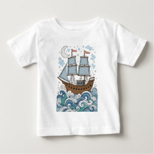 Sailing Ship on Swirling Waves Under Crescent Moon Baby T-Shirt
