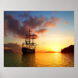 Sailing ship sail on summer sunset, romantic photo poster