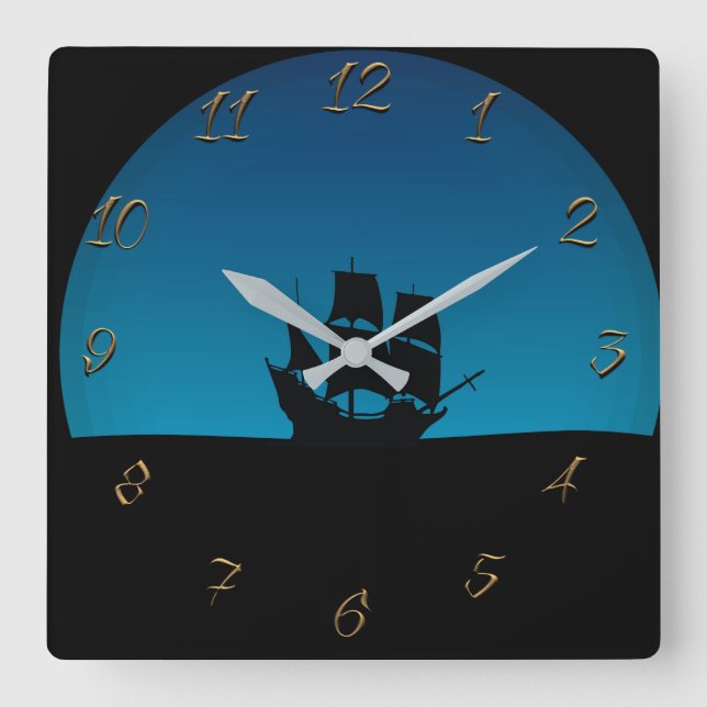 Sailing ship square wall clock (Front)
