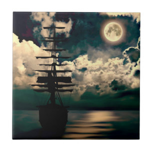 sailing ship with full moon tile