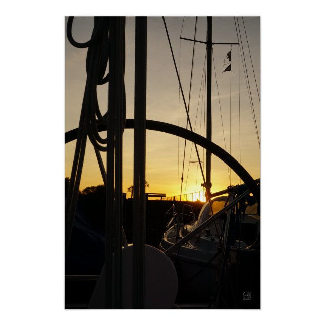 Sailing yacht helm with setting sun. poster (Front)