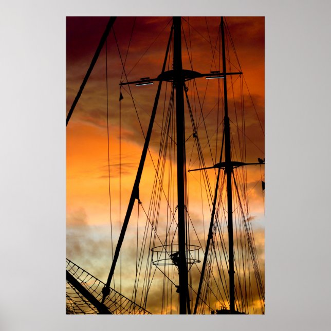Sailing yacht mast at sunrse background poster (Front)