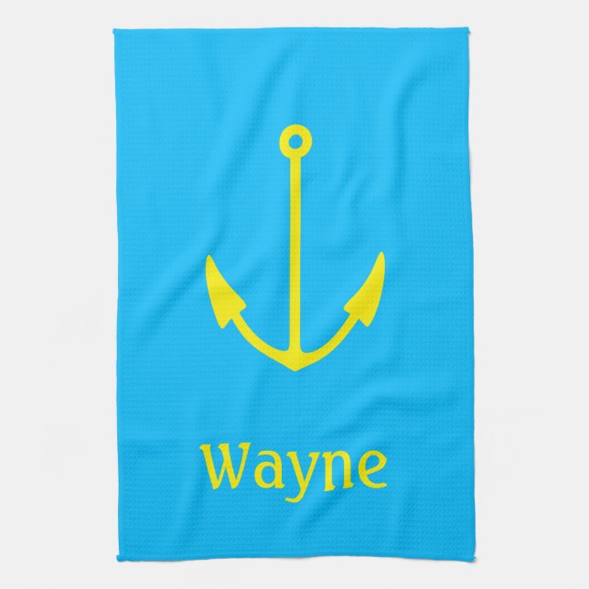 Sailor Anchor Blue Boat (Name) Yellow Kitchen Towel (Vertical)